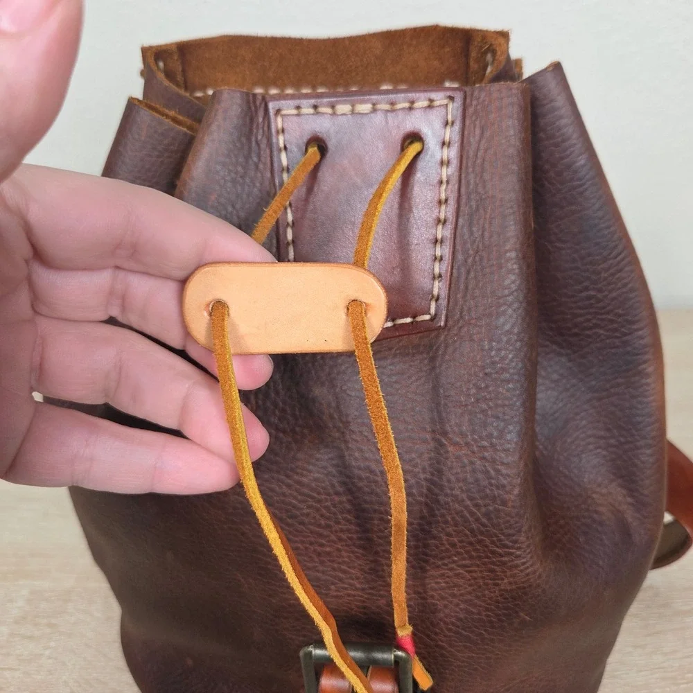Vintage Brown Genuine Leather Backpack Drawstring Tassel Boho Western Rucksack